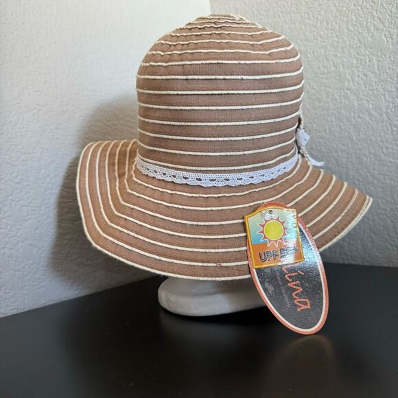 Kallina Brown White Embellished Striped Round Sun Hat - Picture 4 of 8